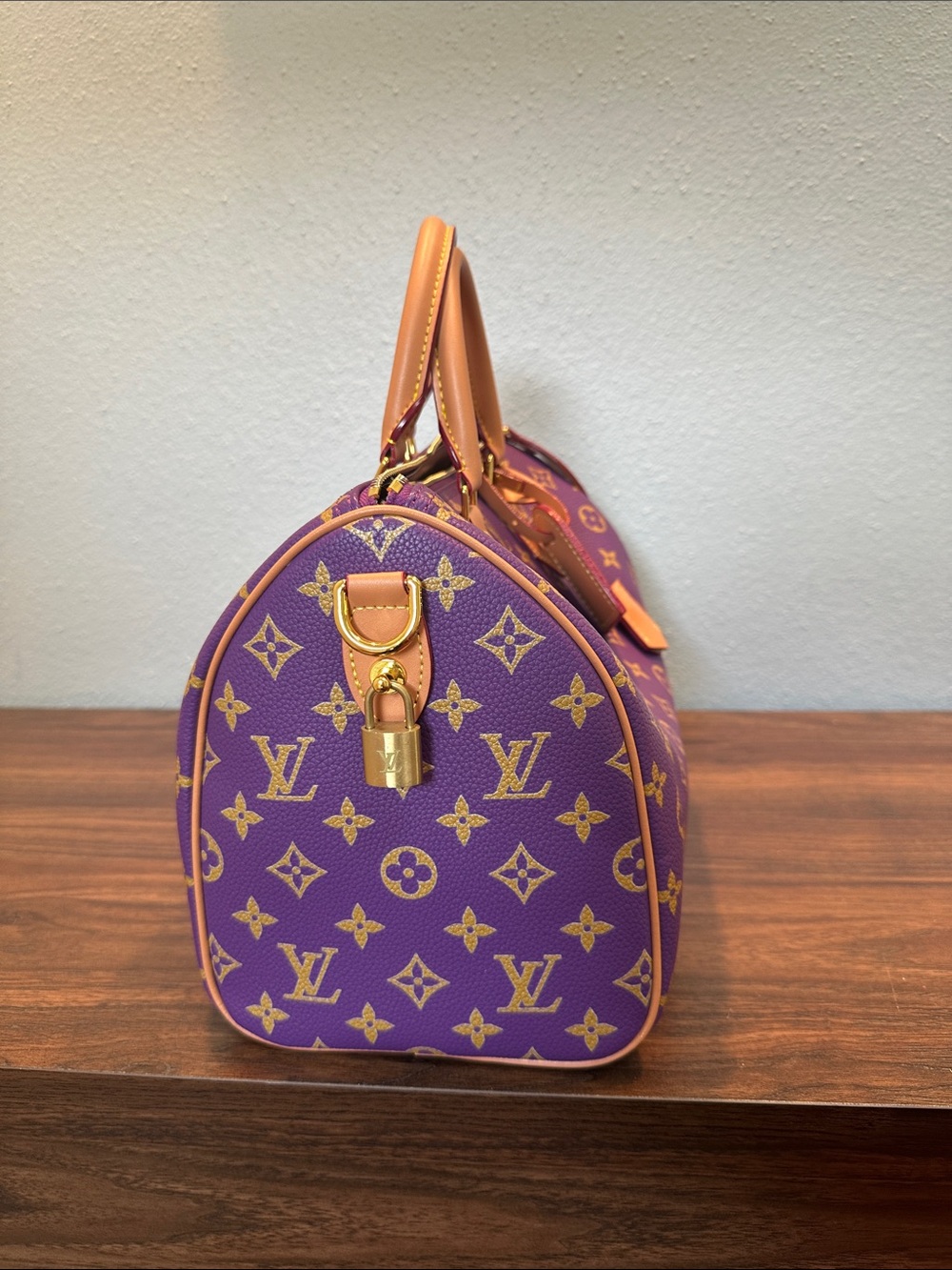 RARE INSPIRED Purple Monogram Satchel with Tan Leather Trim Size 30 P9 - Picture 5 of 15